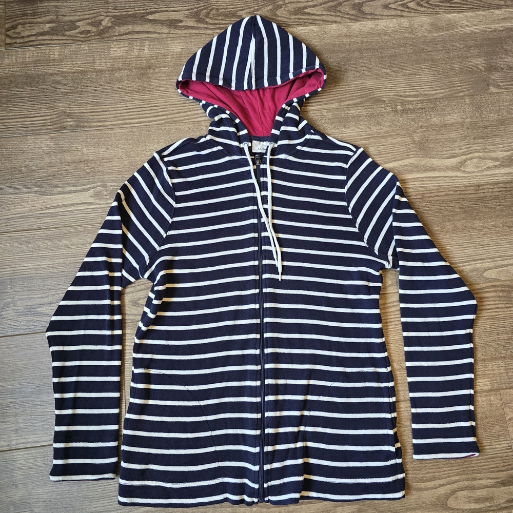 LL Bean Jacket Womens M Navy Striped Cotton Zip Burgundy Hood Sweater Gorpcore